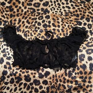 SHEIN Black Polka Dot Puff Sleeve Sheer Bra Top with Tie Front